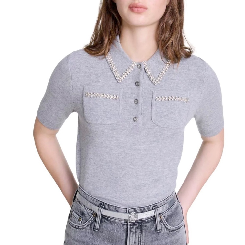 Maje Mylenva Rhinestone Trim Sweater Size Large